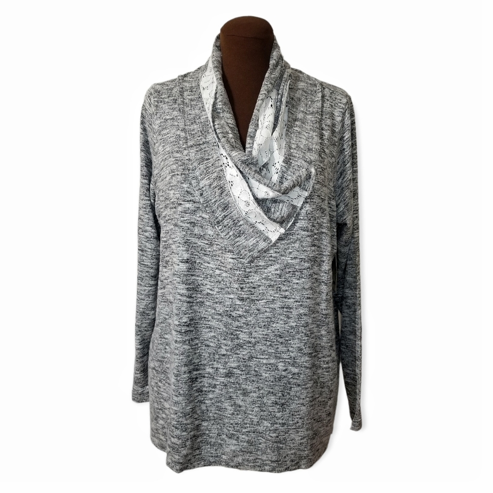 One World Grey Cowl Neck Lace Embellished Long Sleeve Top Woman Size 1X